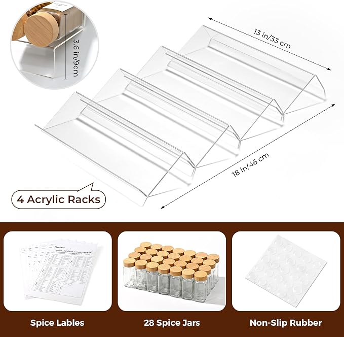 Acrylic Spice Drawer Organizer with 28 Spice Jars and 216 Labels,Non-slip Rubber, 4 Tier Spice Racks Tray Seasoning Containers for Kitchen Drawers,Cabinets,Countertops,13" Wide * 18" Deep - Image 2