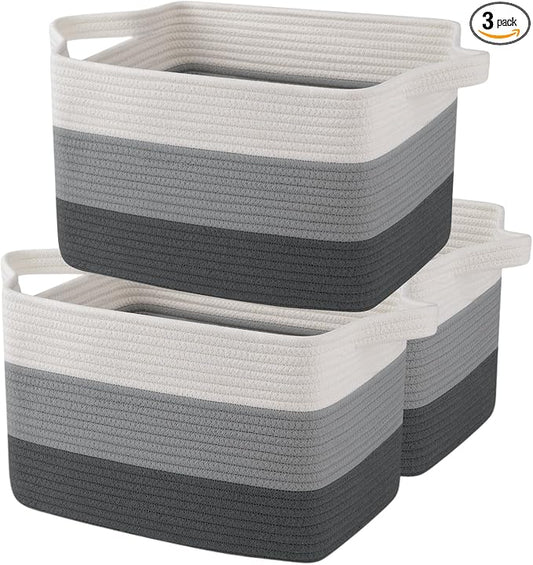 OIAHOMY Storage Basket, Woven Baskets for Storage, Cotton Rope Basket for toys,Towel Baskets for Bathroom - Pack of 3, Gradient Dark Gray by MasterofSpaceOptimization
