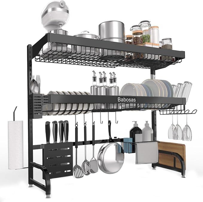 Over The Sink Dish Drying Rack,3 Tier Adjustable Length (25.5'' to 37.4'') Full Stainless Steel Large Storage Kitchen Dish Rack,for Kitchen Counter,Expandable Multifunctional Organizers,Black - Image 4