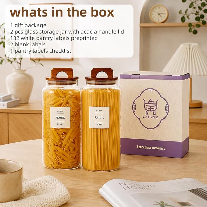 2 Pack Large Glass Flour and Sugar Containers with 132 Pantry Labels - 105 FL OZ Glass Canisters with Bamboo Airtight Lids - Farmhouse Kitchen Glass Pantry Jars for Cookie, Rice, Pasta, Cereal, Salt - Image 2