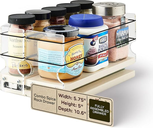 Combo Spice Rack Drawer - Pull Out Pantry Organizers and Storage - Kitchen Cabinet Organizer - Seasoning Sliding Caddy - Made in USA (5.75" W x 5.00" H x 10.60" D, Assembled) by VerticalSpice