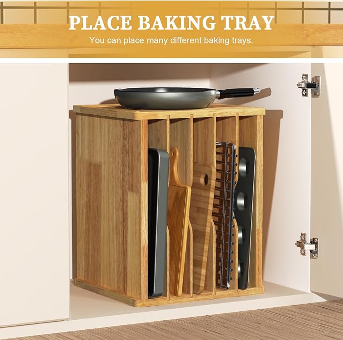 6 Tier Rubber Wooden Tray Dividers for Cabinets, Cookie Sheet Organizer | Heavy Weight, Premium Wood, Multiple Sizes, Saving Space, Vertical Tray Dividers for Storing pans, Baking tray, Cutting Board - Image 8