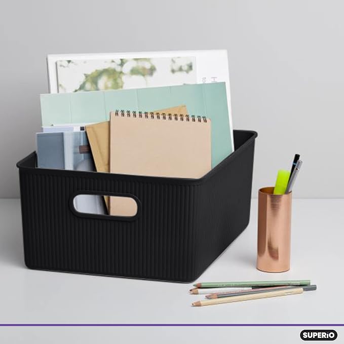 Superio Ribbed Collection - Decorative Plastic Basket Open Home Storage Bins Organizer, Brown (Set of 4) 1 Large, 1 Medium, 2 Small - Container Boxes for Organizing Closet Storage Bins for Shelves - Image 3