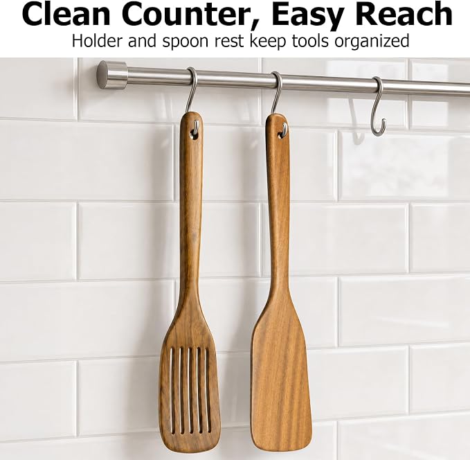 Wooden Spoons for Cooking, 2-Piece Teak Wood Kitchen Utensil Set, Nonstick Safe Wooden Spatulas, Smooth Heat-Friendly Cooking Utensils for Everyday Meals (A02) - Image 8