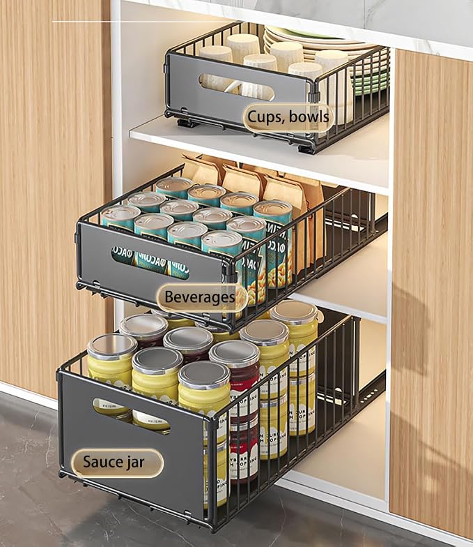 YunNasi Pull Out Cabinet Organizer, Black, 2Piece 9.8" W X15 D X3.9 H | Slide Out Drawer Storage Shelves, Cupboard Organiser, Sliding Cabinet Basket for Kitchen, No Drilling and Nailing - Image 2