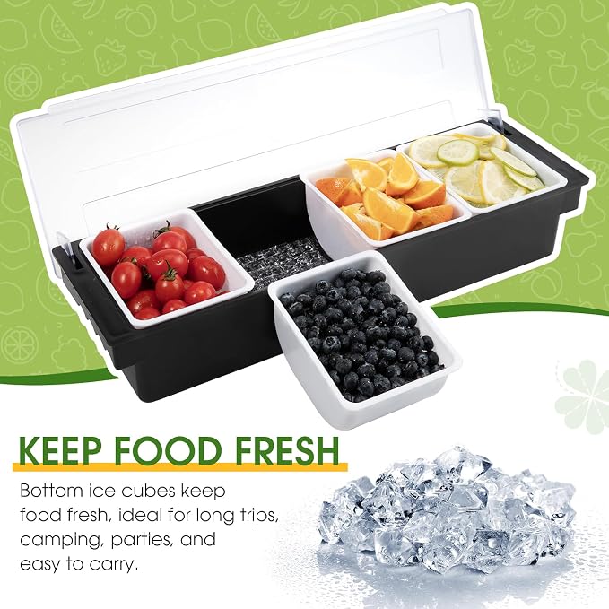Ice Cooled Condiment Caddy with Lid, 4 Compartments | Under-tray ice space for chilling, removable trays for quick refill, Portable,for fruit veggies sauces, bars buffets parties - Image 2