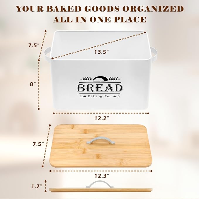 Jolitac Farmhouse Style Bread Box for Kitchen Countertop - Space-Saving Bread Storage Container with Wood Lid | Rustic Vintage Organizer for Small Kitchens & Countertop Gift (12.2”L x7.5”W x8”H) - Image 2