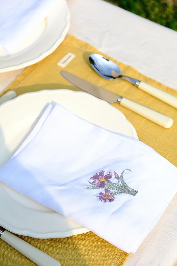 White Linen Napkins Set of 4-100% Pure Linen Embroidered Dinner Napkins 19 x 19 Inch for Spring, Summer Memorial Day - Botanical Embroidery (Lily Garden Collection) (Iris Garden Collection) - Image 9