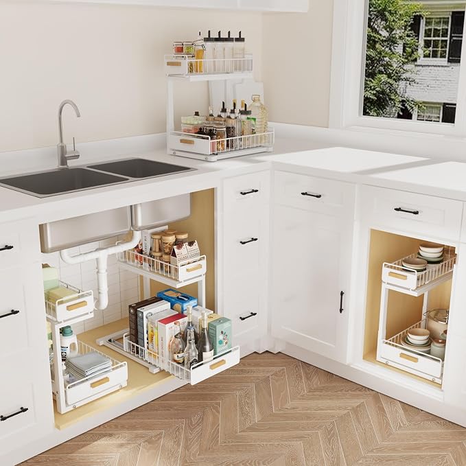 Under Sink Organizer 1 Pack Pull Out Cabinet Organizer with Ball Bearing Sliding Drawer 2 Tier Adjustable Storage Rack Heavy Duty for Kitchen Bathroom White - Image 8
