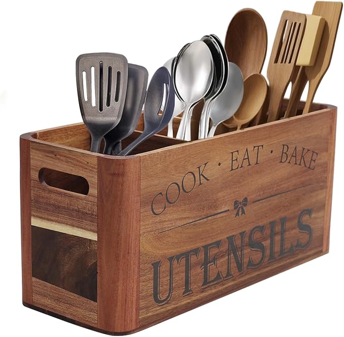 Utensil Holder for Kitchen Countertop - Extra Large 4 Compartment Wooden Organizer in Acacia Wood, Storage for Cooking Tools and Cutlery, Farmhouse Style for Home Cooking by Unknown