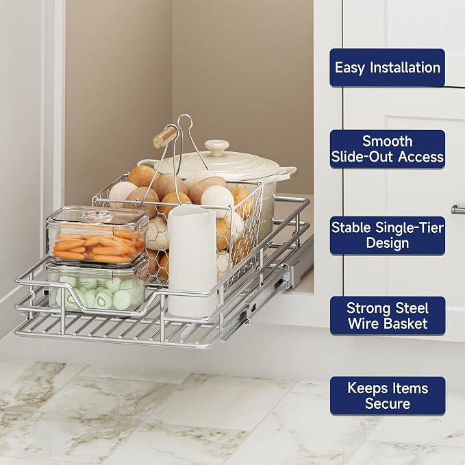 Pull Out Cabinet Organizer, 11.5" W x 21.5" D, Heavy Duty Chrome Slide Out Shelf for Narrow Base Cabinets, Sliding Wire Basket Drawer for Spices, Bottles, Snacks & Cleaning Supplies - Image 4