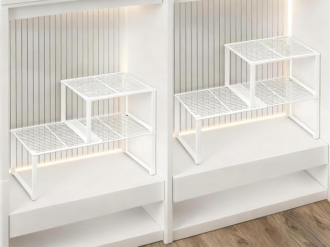 Extendable Metal Wire Shelf Organizer - Adjustable 15-24.4in Length, Stackable Storage Rack for Kitchen/Pantry/Bathroom/Shoe Cabinet/Tool Closet (4, White) by HGZBS