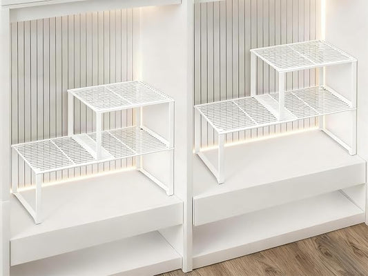 Extendable Metal Wire Shelf Organizer - Adjustable 15-24.4in Length, Stackable Storage Rack for Kitchen/Pantry/Bathroom/Shoe Cabinet/Tool Closet (4, White) by HGZBS