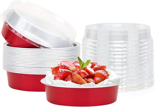 Beasea Disposable Mini Pie Tins with Lids, 20 Pack 4” 8oz Bright Red Aluminum Baking Foil Tins Small Round Tart Container for Individual Dessert Cupcake Muffin Cheesecake Ramekin Quiche Oven Dishes by Beasea