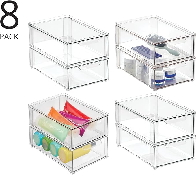 mDesign Plastic Stackable Bathroom Storage Organizer Bin with Pull Out Drawer for Cabinet, Vanity, Shelf, Cupboard, Cabinet, or Closet Organization - Lumiere Collection - 8 Pack - (Clear, 8 x 12 x 4) - Image 4