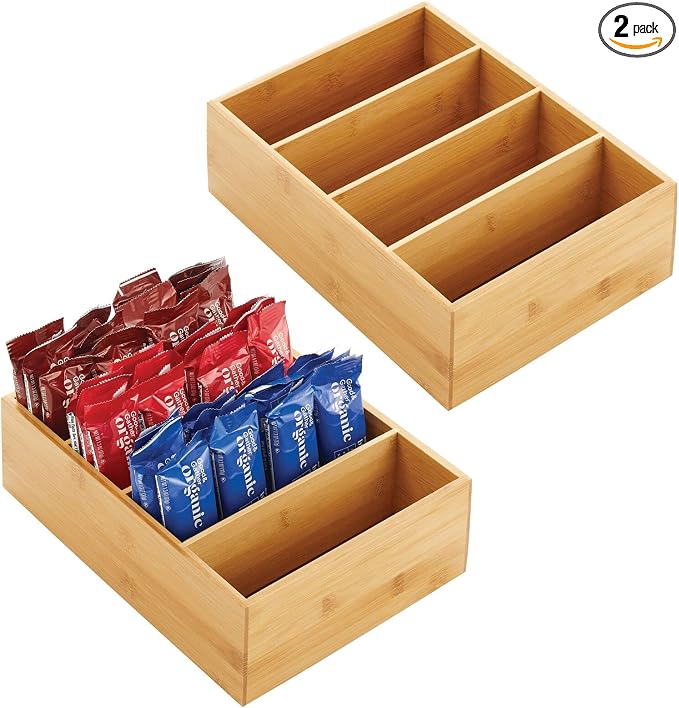 mDesign Bamboo Wood Food Storage Organizer Box, 4 Section, Divided Compartment Bin; Container for Kitchen, Pantry; Holder for Spices, Snacks, Tea, Coffee Cup - Echo Collection - 2 Pack - Natural by mDesign