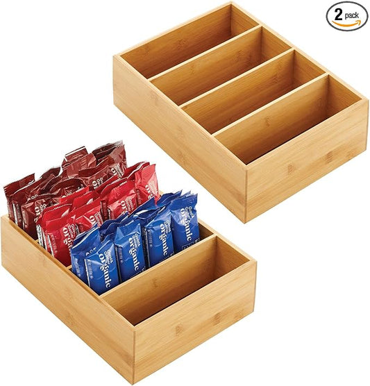 mDesign Bamboo Wood Food Storage Organizer Box, 4 Section, Divided Compartment Bin; Container for Kitchen, Pantry; Holder for Spices, Snacks, Tea, Coffee Cup - Echo Collection - 2 Pack - Natural by mDesign
