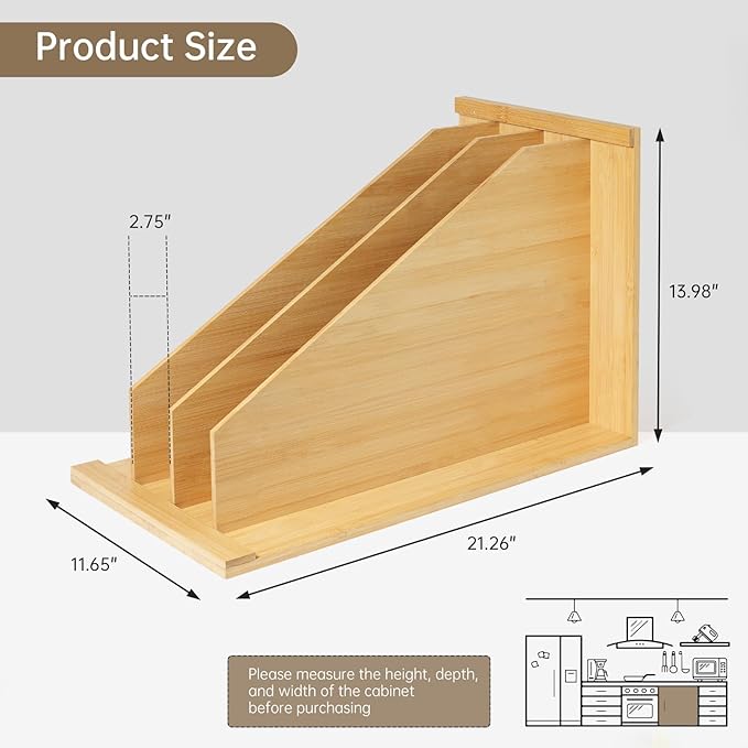 Tray Dividers for Kitchen Cabinets，cookie sheet divider for cabinet | (14"H x 21.3"D) - Bamboo Cabinet Organizer with 3 Dividers for Cookie Sheets, Baking Pans, Cutting Boards & Pot Lids - Image 2