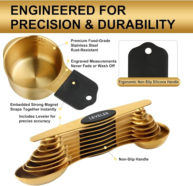 Gold Magnetic Measuring Cups & Spoons Set of 16, 7 Stainless Steel Measuring Cups, 8 Double-Sided Measuring Spoons & 1 Leveler, Premium Finish Baking Tools Kitchen Gadget for Dry & Liquid Ingredients - Image 3