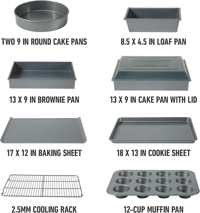 Calphalon Titan 10-Piece Nonstick Bakeware Set, Baking Sheet Set, Steel Core PFA-Free Nonstick Coating, Oven Safe, Includes Sheet Pans, Muffin Pan, Round Cake Pans, Loaf Pan and Cooling Rack - Silver - Image 2