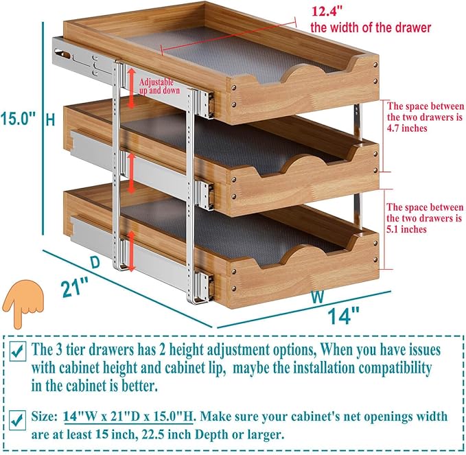 OCG Pull Out Drawer 14" W x 21" D, 3 Tier Pull Out Cabinet Organizer, Heavy-Duty Slide Out Drawer for Cabinets, Base Cabinet Organization for Kitchen, Pantry, Bathroom - Image 2