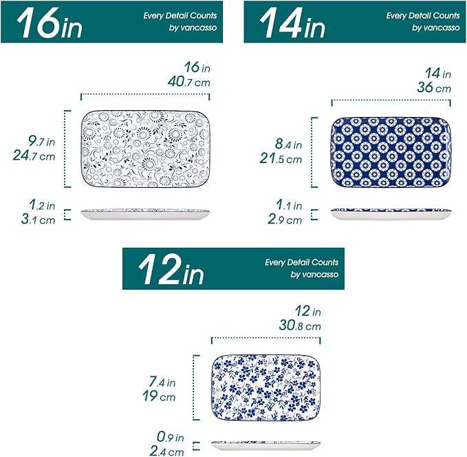vancasso Serving Platters Set of 3, 16"/14"/12" Inch Rectangular Trays + Ceramic Mixing Bowls with Lids Set of 4,Ceramic Serving Bowls,Nesting Bowls for Food Storage - Image 5