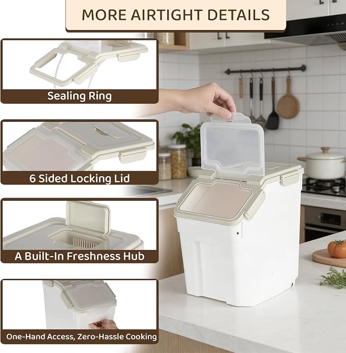 Saim 2 Pack 25lb Flour & Rice Storage Container Bin,Rice Dispenser (Grey) | BPA free plastic with seal lid, rolling wheels and measuring scoop for rice, flour, cereal and grain one-hand scooping - Image 3