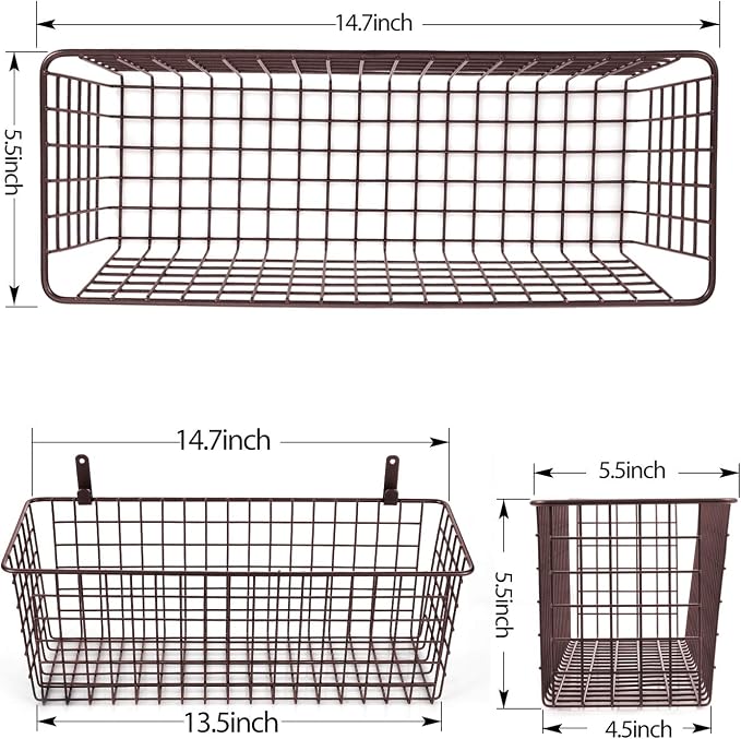 3 Set [Extra Large] Hanging Wall Basket for Storage, Wall Mount Sturdy Steel Wire Baskets, Metal Hang Cabinet Bin Wall Shelves, Rustic Farmhouse Decor, Kitchen Bathroom Organizer, Brown - Image 2