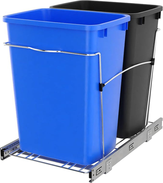 Rev-A-Shelf Double Pullout Garbage Trash Cans for Kitchen Cabinets, 35 Qt | Large Capacity Waste/ Recycling Bins, Heavy Gauge Wire Construction, with Full Extension Slides, Blue/Black, RV-18KD-2218C-S by Rev-A-Shelf