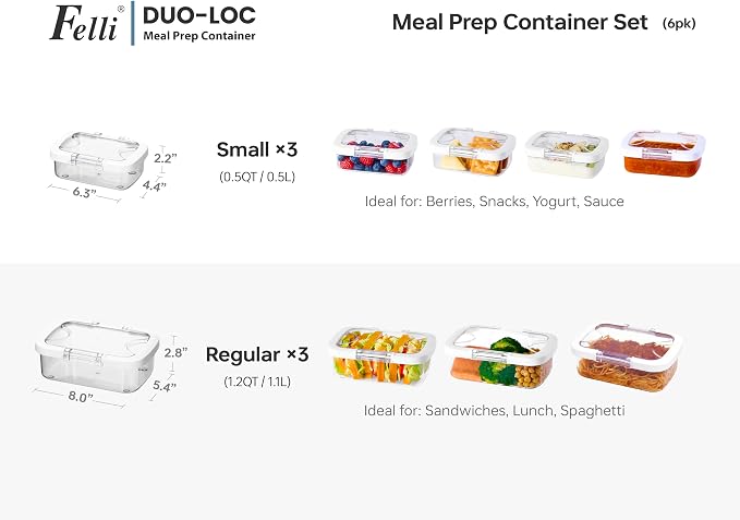 Felli Duo Loc Tritan Containers for Reheating Microwave Safe Box, Airtight Food Storage for Fridge Freezer, On The Go Lunch Container for Adults for Weekly Meal Plan Picnic Travel (6pk) - Image 3