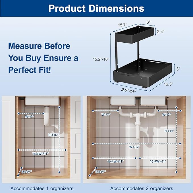 Insputer 2 Pack Under Sink Organizer, 2 Tier Under Cabinet Storage Expandable Width 9.8"-15" & Height Adjustable, Thickened Pull Out Shelf for Bathroom, Kitchen, Laundry, Pantry(Black) - Image 5