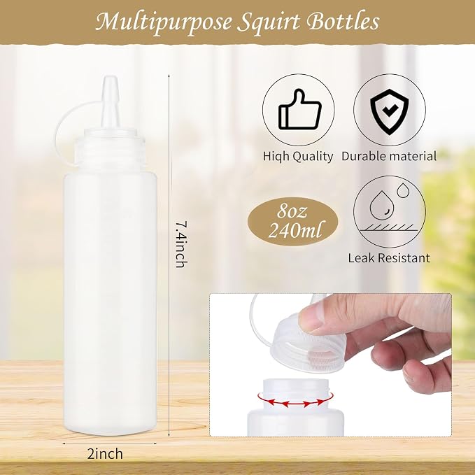 Xinnun 24 Pcs Plastic Condiment Squeeze Bottles Squeeze Leak Proof Multipurpose Squirt Bottles with Twist Top Cap for Sauces Ketchup BBQ Syrup Dressings Paint Grilling Crafts Olive Oil Arts(8 oz) - Image 2