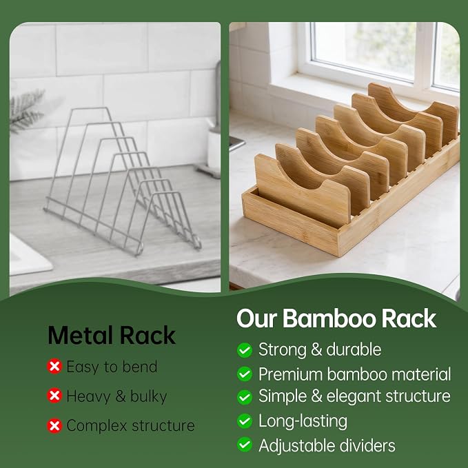 Pan Organizer Compatible with Caraway, Pots and Pans Organizer Under Cabinet, Bamboo Pot Lid Organizers with Adjustable Dividers, U-Shaped Lid Slots, Ideal for Kitchen Countertop and Cabinet Storage - Image 5