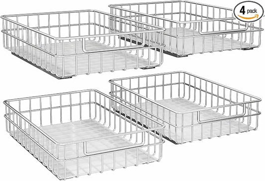 Pull out Cabinet Organizer, Stainless Steel 4-Pack (13.8"W x 21"D) Full-Extension Slide out Drawer, Adhesive Roll out Can Spice Storage Basket Shelf Rack for Pantry, Kitchen, Bathroom, Home Closet by Kitstorack