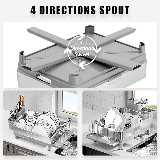 Dish Drying Rack, 304 Stainless Steel Dish Racks for Kitchen Counter | Dish Drainers with Automatic Drainage, Utensil Holder & Cups Holder, Space Saving Kitchen Organizer, Gray - Image 3