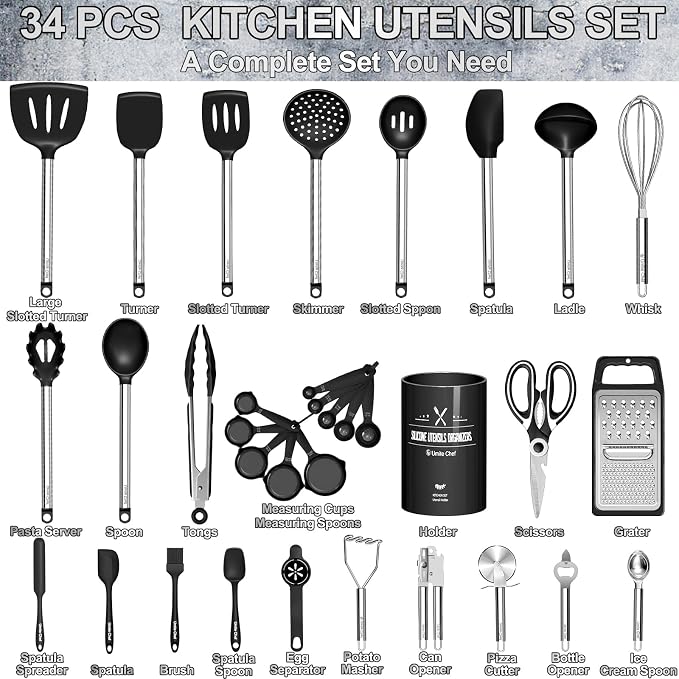 Umite Chef Thickened Kitchen Utensils Set- Silicone Cooking Utensils Set for Nonstick Cookware-Silicone Spatulas Set, Heavy Duty Stainless Steel Handle-Black Kitchen Gadgets Tools Set - Image 3