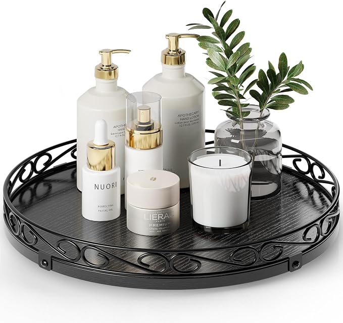 13" Lazy Susan Turntable Organizer for Table Top, Wood Lazy Susan Cabinet | Farmhouse Rotating Decor Tray for Dining Table, Pantry, Kitchen Countertop, Spice, Bathroom Vanity, Round Patterned Rim,Black by Yoobure