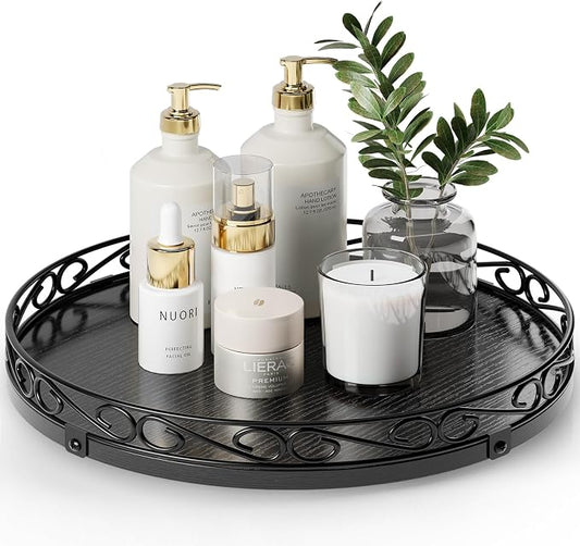 13" Lazy Susan Turntable Organizer for Table Top, Wood Lazy Susan Cabinet | Farmhouse Rotating Decor Tray for Dining Table, Pantry, Kitchen Countertop, Spice, Bathroom Vanity, Round Patterned Rim,Black by Yoobure