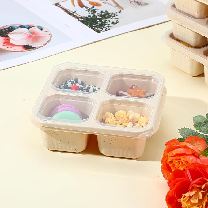 12 Pcs 4 Compartment Snack Containers, Reusable Divided Snack Containers with Lids Wheat Straw Meal Lunch Box, Plastic Food Storage Container for Meal Prep, Travel, Snacks, Fruits - Image 5