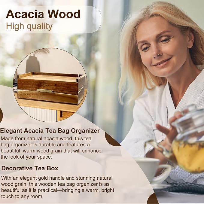 Thick&Thin Acacia Wood Tea Bag Organizer, Tea Organizers and Storage Box With Removable Divider Drawer, Tea Bag Holder Station Caddy Container for Countertop, Tea Accessories Gift Box (1Pcs) - Image 5