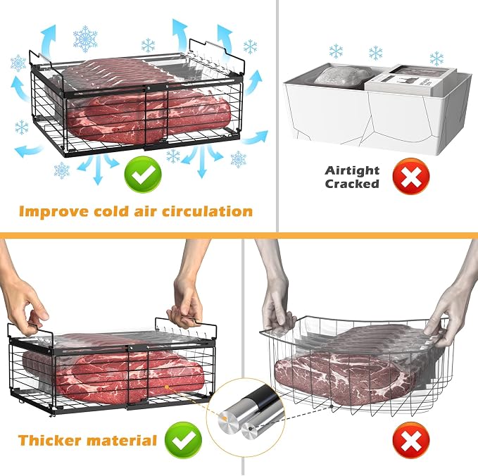 NADAMOO Expandable Chest Freezer Organizer, Stackable Wire Baskets | Adjustable 11-17.3 Inches, Heavy Duty 35 lbs Capacity, Foldable Handles, 360° Airflow, Fits 5-20 Cu Ft Models, 4 Pack - Image 6