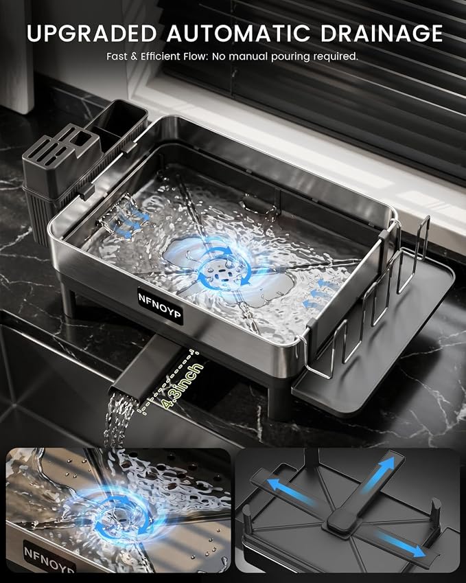 Dish Drying Rack, 2 Tier 304 Stainless Steel Dish Rack and Drainboard Set, Rustproof Dish Drainer with Anti-Pooling Automatic Drainage, Large Capacity Kitchen Counter Organizer, Black - Image 3