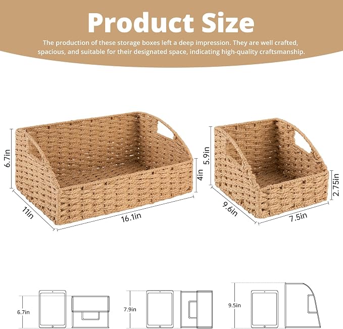 OIAHOMY Pantry Baskets for Organizing, Paper Rope Baskets with Built-in Handles, Wicker Storage Baskets for Shelves, 3 Pack-Yellow - Image 3