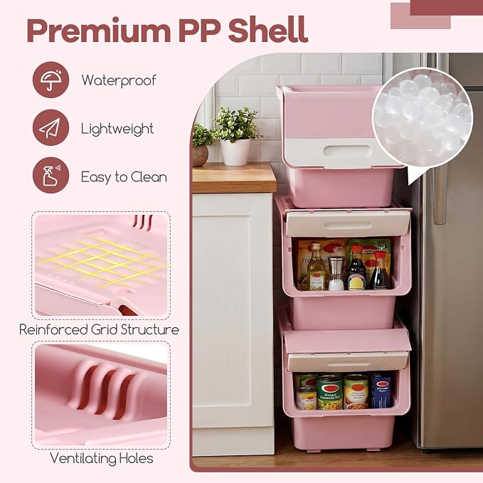 GIANTEX 3 Pack Plastic Stackable Storage Bins with Lids & Wheels, 35 QT | Open Front Stacking Bins, Organizer Bins for Pantry, Kitchen, Laundry, Closet, Playroom, Bedroom Organization - Image 7