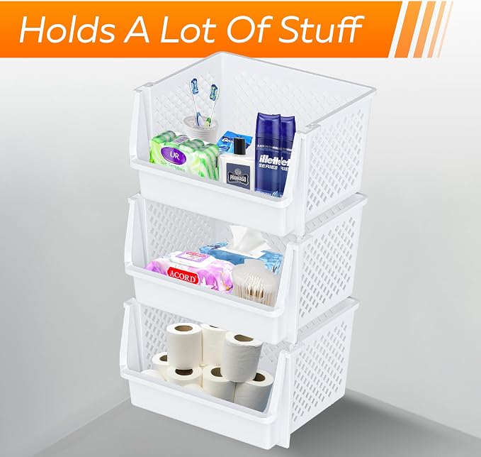 XLarge Stackable Storage Bins Open Front for Pantry Storage, 6 Pack - White | Sturdy Plastic, Easy Stacking, Open Front Access, Ventilated Sides, Vertical & Space Saving Pantry Organizers and Storage Bin - Image 6