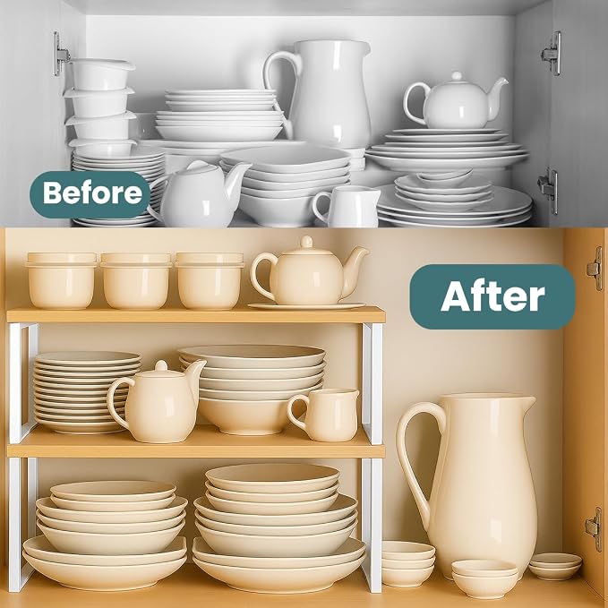 Sben Cabinet Organizer Shelf, Set of 2 Kitchen Counter Shelves, Kitchen Storage, Spice Rack, Stackable, Expandable, Metal and Engineered Wood, Cloud White and Natural Beige - Image 5