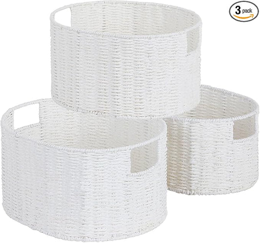 Wicker Storage Basket, Set of 3 Hand-Woven Paper Rope Storage Baskets for Organizing, Round Storage Basket With Handles, Large Wicker Storage Organizer Bins Baskets for Shelves & Decor, White by Vagusicc