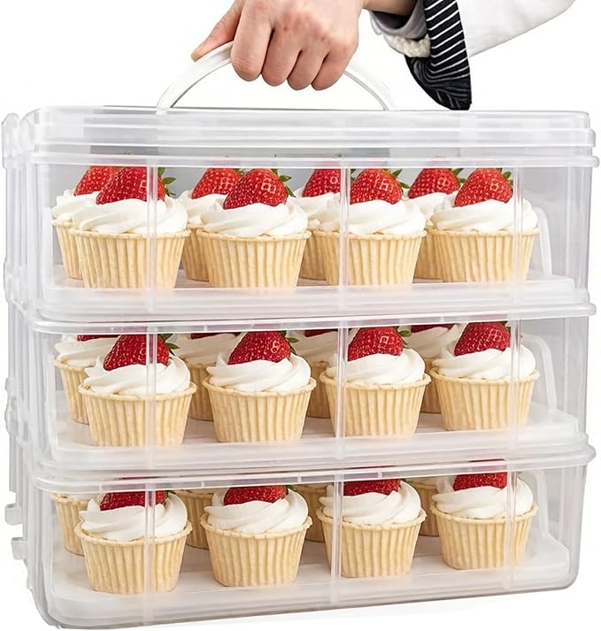 3 Tier Cupcake Carrier with Lid,Holds 36 Cupcakes or 3 Large Cakes Food Transporter Container with 3 Tier Stackable Layer Insert by FEOOWV