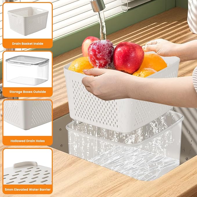 Fruit Storage Containers for Fridge - 6 PCS Poduce Containers for Fridge - Berry Containers for Fridges with Removable Drain Basket - Keep Fruit Lettuce Berry Vegetables Meat Food Stay Fresher Longer - Image 4