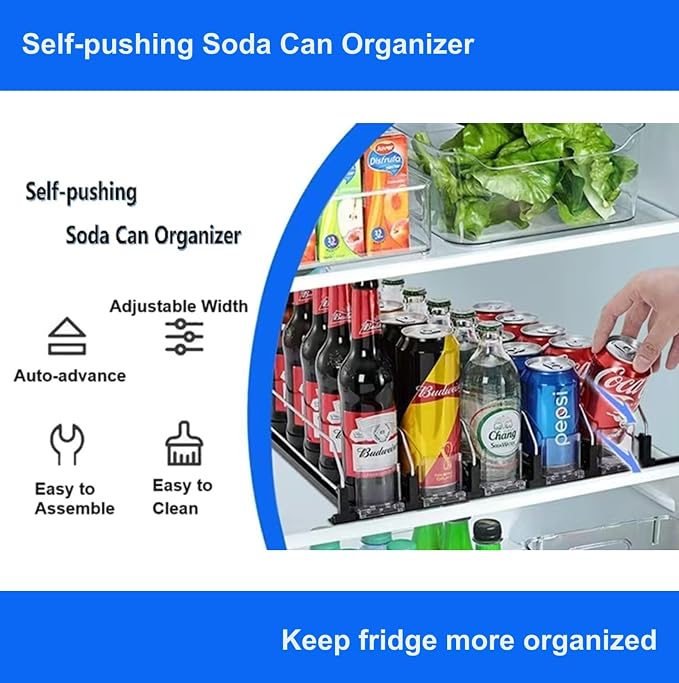 6 Rows Black Drink Organizer for Fridge, 3rd Gen Refrigerator Organizers and Storage, Automatic Pusher Glide and Adjustable Width Can Organizer for Refrigerator - Holds up to 30 Cans - Image 2